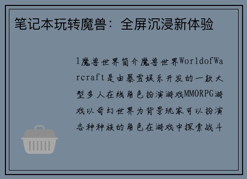 笔记本玩转魔兽：全屏沉浸新体验